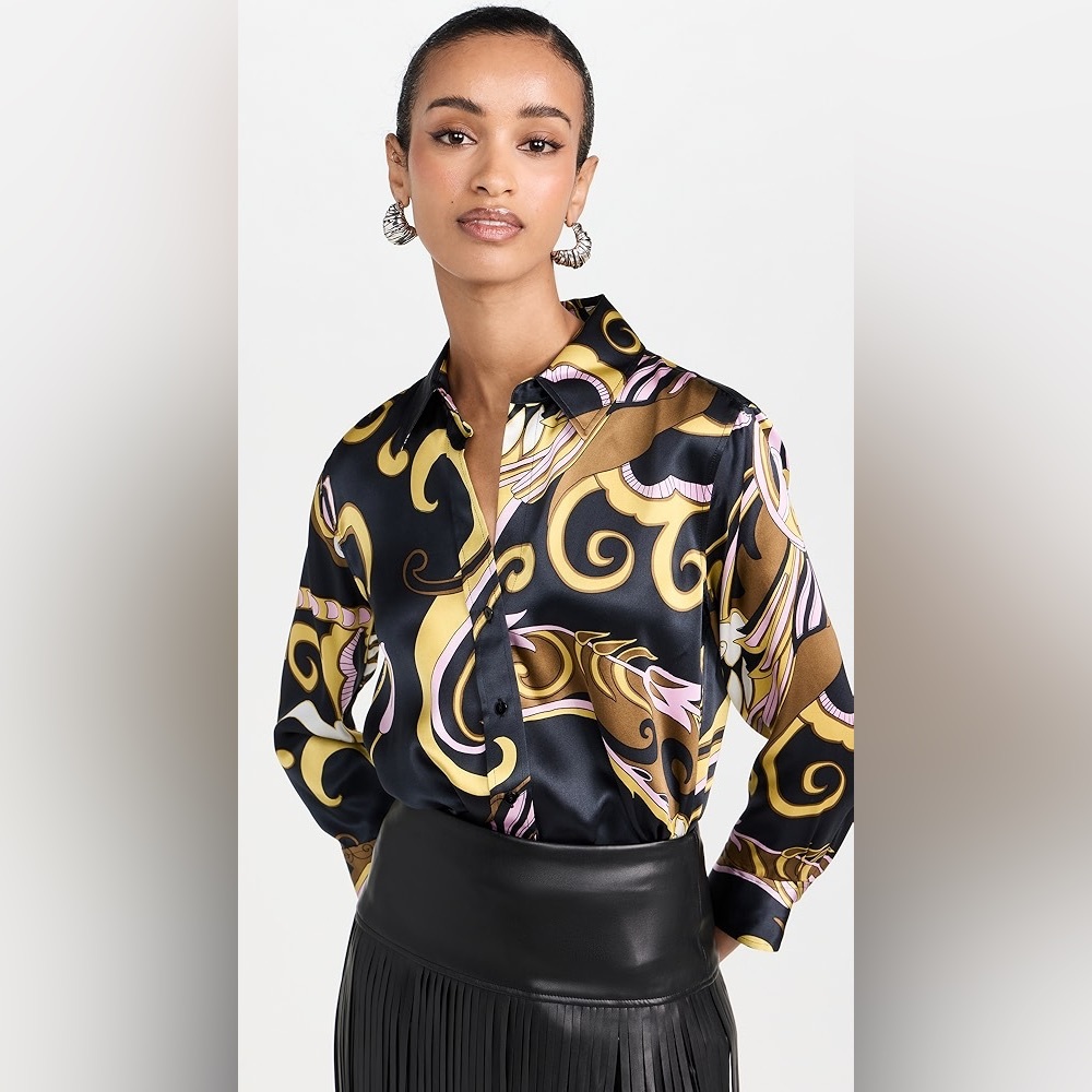 L'Agence Dani Swirl-Printed Silk 3/4 sleeve Versace’s vibe Blouse Sz XS